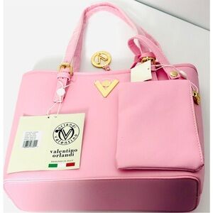 Valentino Orlandi Pink Structured Purse/Small Tote with Gold Accents